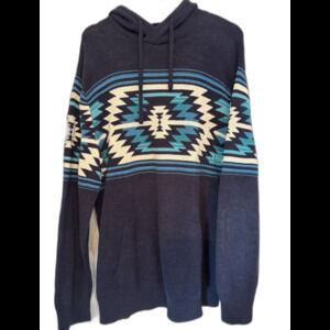AE Blue Cotton Southwest Aztec Geometric Pattern Hooded Pullover Sweater Men XL